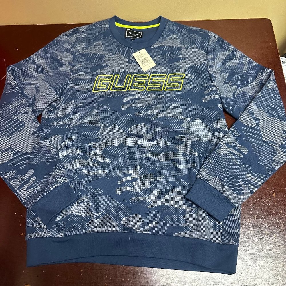 Guess Mens Blue Silver Camo Print Bonface Fleece Pullover Sweatshirt Size M XL